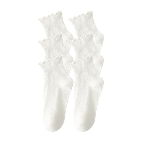 Xfvqtps 3 Pairs Womens Thread Socks with Wooden Ear Edges Mid Tube Solid Colored Premium Comfort Soft Cozy Warm Cotton Socks White