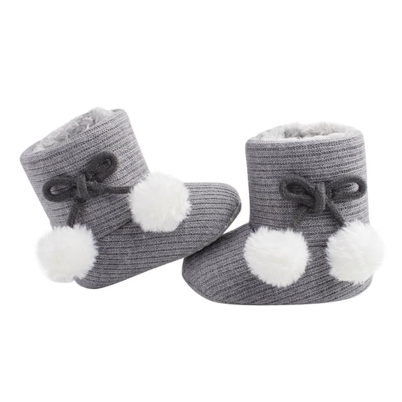 Xfvqtps Baby Snow Boots with Grippy Knitting Plush Lining Bowknot Cute Plush Pompom Solid Color Non Slip Thickened Soft Sole Comfortable Warm Winter Shoes Gray