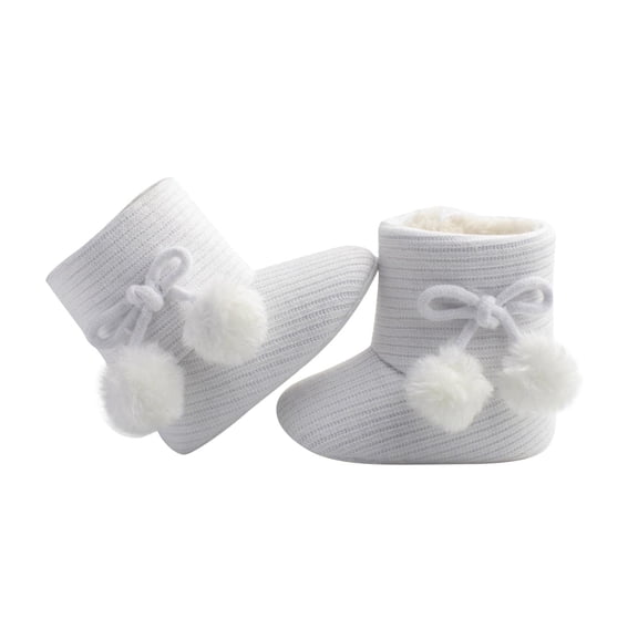 Xfvqtps Baby Snow Boots with Grippy Knitting Plush Lining Bowknot Cute Plush Pompom Solid Color Non Slip Thickened Soft Sole Comfortable Warm Winter Shoes White