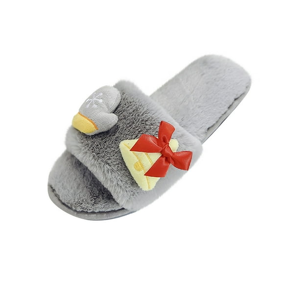 Xfvqtps Christmas Slippers Fuzzy Slippers for Womens Fluffy Plush Cute Christmas Gift Santa Claus and Christmas Tree Flat Thick Bottom Open Toe Comfortable Non-Slip Winter House Slippers Gray