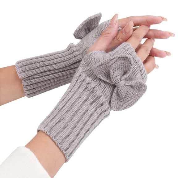 Xfvqtps Fingerless Gloves for Womens Bowknot Thumb Hole Medium Length Arm Warmer Knitting Crochet Solid Color Fashion Thermal Warm Winter Mittens Gray