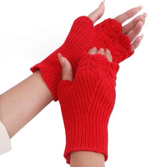Xfvqtps Fingerless Gloves for Womens Lace Hollow Out Thumb Hole Medium Length Arm Warmer Knitting Crochet Solid Color Fashion Thermal Warm Winter Mittens Red
