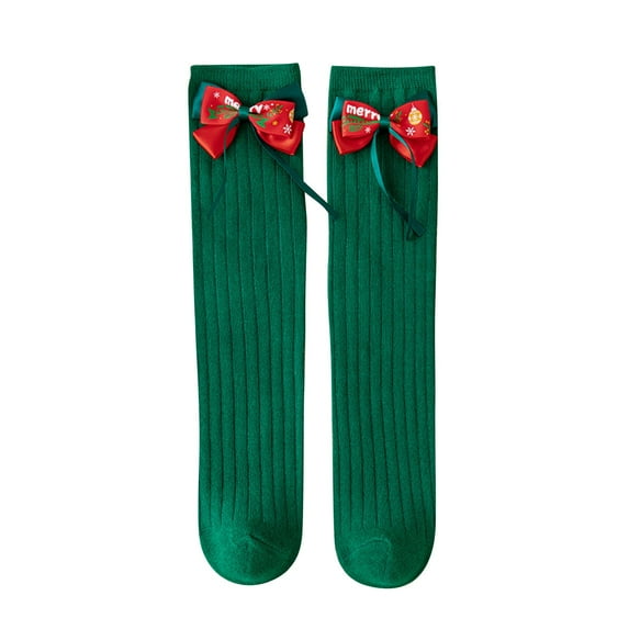 Xfvqtps Girls Christmas Socks Cute Bow Knitting Solid Color Mid Tube Christmas Accessories Elastic Comfort Breathable Soft Cotton Socks Green-01