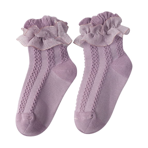 Xfvqtps Girls Double Ruffle Socks Lace Trim Frilly Solid Color Sweet Princess Dress Cotton Socks for 0-12 Years Purple