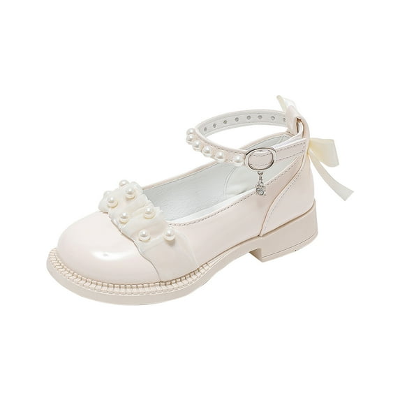 Xfvqtps Girls Loafers Pearl Lace Bow PU Oxford Mary Jane Dress Shoes New Children's Soft Sole Princess Elementary School Performance Shoes Beige