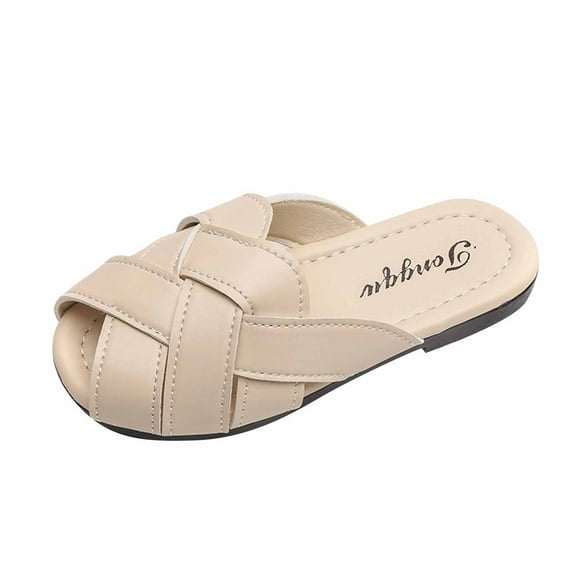 Xfvqtps Girls Slippers Cute Weave Hollow Out Peep Toe Flat Bottomed Soft Sole Comfortable Breathable Non Slip Beach Leather Slipper Beige