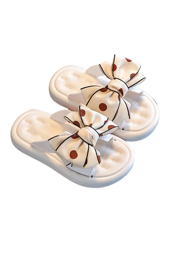 Girls Slippers Wave Point Bowknot Thick Bottom Soft Sole Non Slip Comfortable Indoor and Outdoor PVC Slippers White