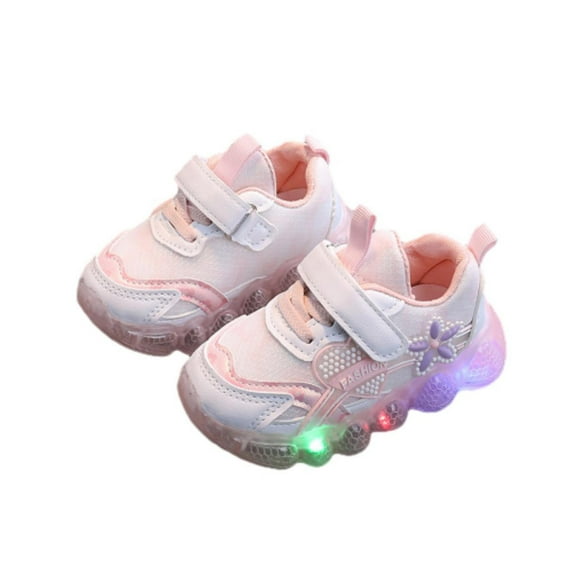 Xfvqtps Girls Sneakers Slip On Flower Bling Shiny Breathable Non-Slip Lightweight LED Shoes Mesh Running Shoes New Luminous Sports Shoes Children Casual All Comfortable Shoes Pink