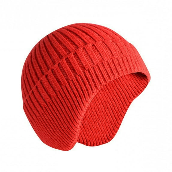 Xfvqtps Men and Women Skull Cap with Earmuff Knitting Solid Color Thickened Windproof Coldproof Warm Winter Beanie Red