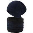 thumbnail image 1 of Xfvqtps Mens 2 Piece Sets Beanie and Neck Scarf Knitted Fleece Lining Plush Edge Solid Color Simplicity Thickened Windproof Coldproof Warm Winter Hat Scarf 2PCS Outfits Set Navy, 1 of 8