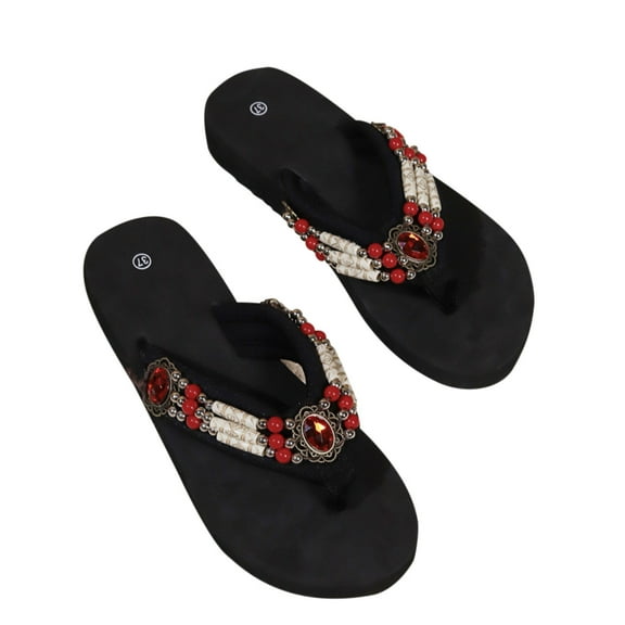 Xfvqtps New Ladys Flip-Flop Large Size Bead String Ethnic Style Platform Wedge Split Toes Thick Bottom Arch Support Comfortable Non-Slip Fashion Beach Slippers Red