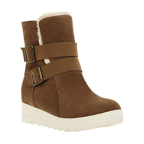 Xfvqtps Womens Ankle Boots Double Buckle Plush Fleece Line Suede Upper Thick Bottom Non Slip Winter Snow Boots Round Toe Fashion Warm Furry Large Size Short Boots Beige