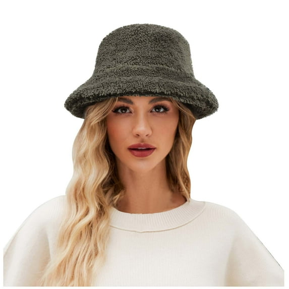 Xfvqtps Womens Bucket Hat Fluffy Plush Faux Fur Fuzzy Solid Color Simplicity Thick Coldproof Warm Outdoor Fall Winter Fishing Hat Army Green