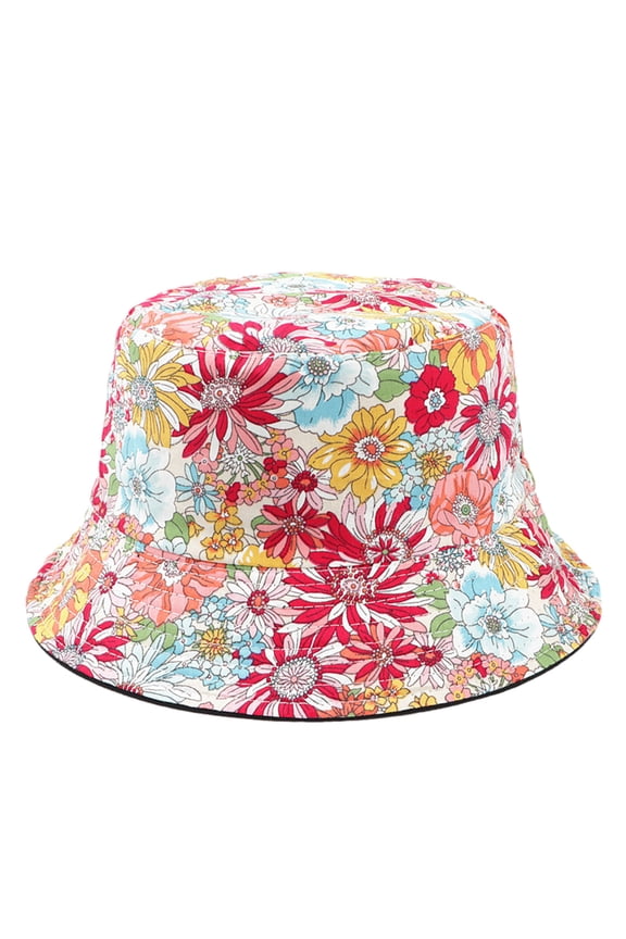 Womens Bucket Hat Sun Hat Sunshade Flower Pattern Colorful Double-Sided Wearable Hat Cotton Outdoor Fisherman Hat Red