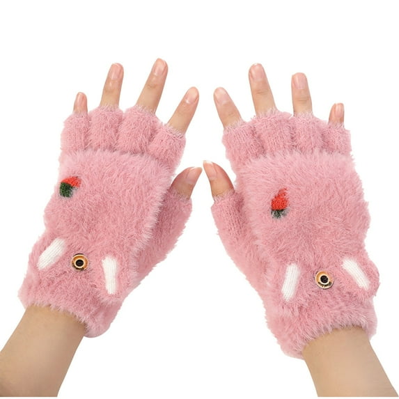 Xfvqtps Womens Fingerless Gloves with Flip Cover Plush Knitting Cute Embroidery Sweet Windproof Warm for Cold Weather Winter Mittens Pink