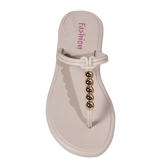 Xfvqtps Womens Flip Flops Large Size Beaded Flat Bottomed Split Toe Fashion Breathable Comfortable Non-Slip Summer Beach Casual Slippers Beige