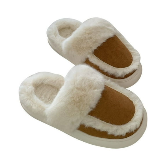 Xfvqtps Womens Furry Slippers Suede Sole Plush Lining Solid Color Thick Bottom Memory Foam Comfortable Non-Slip Warm Winter Indoor and Outdoor Slippers White