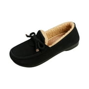 Xfvqtps Womens Moccasin Slippers Plush Fleece Line Suede Upper Bowknot Slip On Comfortable Non Slip Warm Winter Flock Shoes House Slippers Memory Foam Indoor Outdoor Ladies Shoes Black