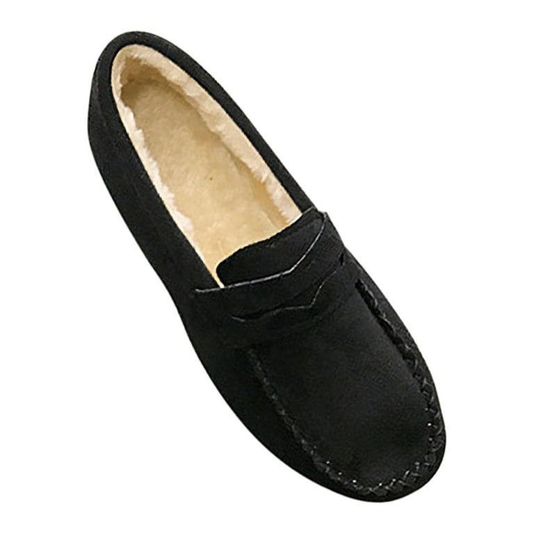TAFDIUR Womens Moccasin Slippers Plush Fleece Line Suede Upper Simplicity Solid Color Slip On Comfortable Non Slip Warm Winter Flock Shoes Soft Flat Bottom Doudou Shoes Black Walmart