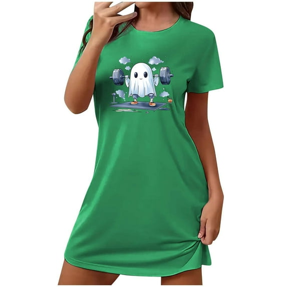 Xfvqtps Womens Nightgown Cool Chest Print Ghost Cropped Short Sleeve Crewneck Solid Color Fashion Comfortable Pajamas Green