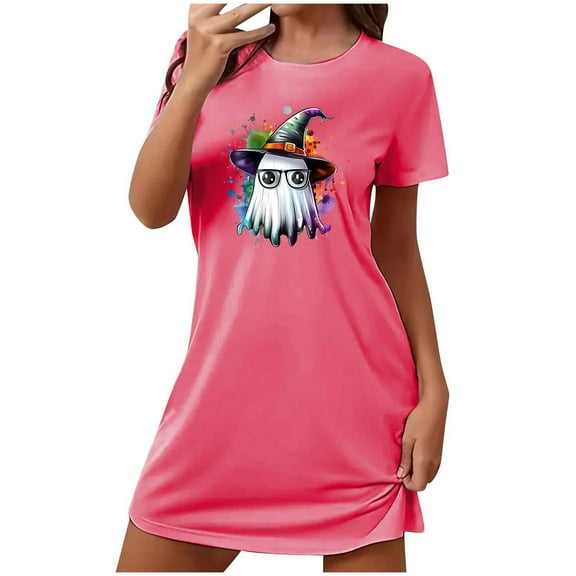 Xfvqtps Womens Nightgown Cool Chest Print Ghost Cropped Short Sleeve Crewneck Solid Color Fashion Comfortable Pajamas Hot Pink