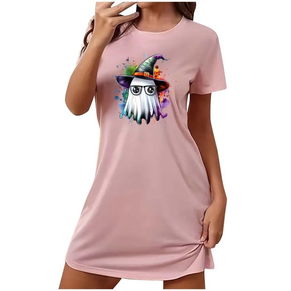 Xfvqtps Womens Nightgown Cool Chest Print Ghost Cropped Short Sleeve Crewneck Solid Color Fashion Comfortable Pajamas Pink
