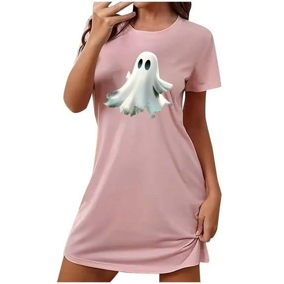 Xfvqtps Womens Nightgown Cute Chest Print Ghost Cropped Short Sleeve Crewneck Solid Color Fashion Comfortable Pajamas Pink