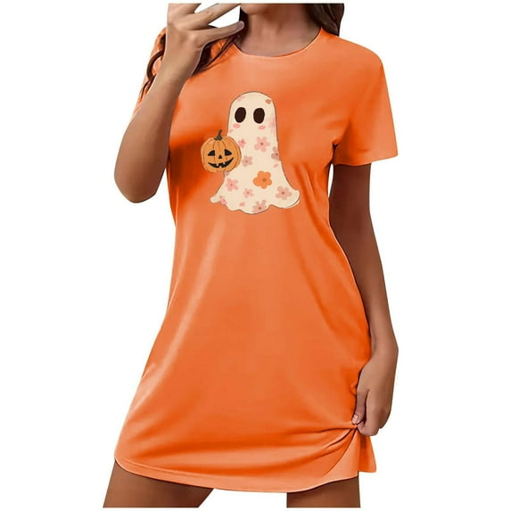 Xfvqtps Womens Nightgown Cute Chest Print Ghost Pumpkin Cropped Short Sleeve Crewneck Solid Color Fashion Comfortable Pajamas Orange
