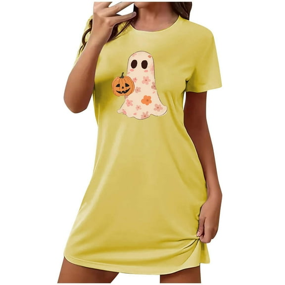 Xfvqtps Womens Nightgown Cute Chest Print Ghost Pumpkin Cropped Short Sleeve Crewneck Solid Color Fashion Comfortable Pajamas Yellow