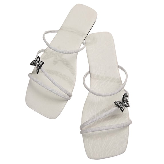 Xfvqtps Womens Slippers Large Size Simplicity Three Straps Butterfly Rhinestone Bling Shine Flat Bottomed Square Open Toe Breathable Comfortable Non-Slip Summer Casual Slippers White