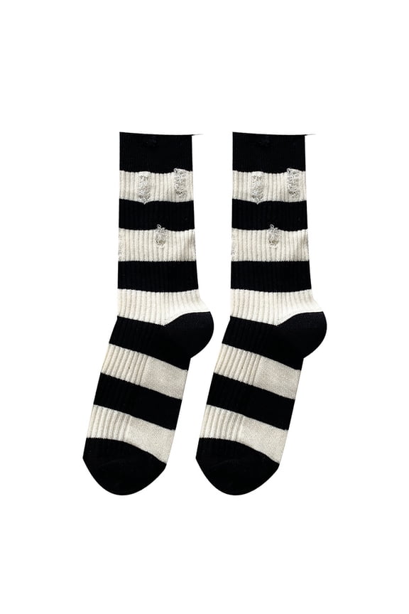 Womens Thread Socks Stripe Stacking Perforated Hole Personality Fashion Comfortable Soft Cotton Socks Black