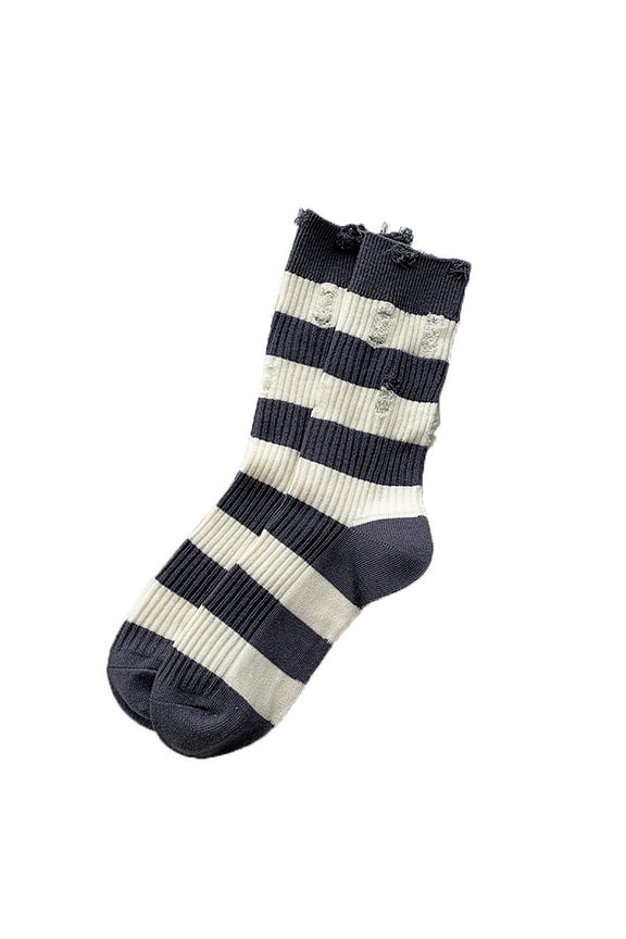 Womens Thread Socks Stripe Stacking Perforated Hole Personality Fashion Comfortable Soft Cotton Socks Blue
