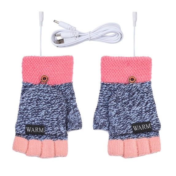 Xfvqtps Womens USB Heated Fingerless Gloves with Flip Cover Knitting Constant Temperature Color Blocking Windproof Warm for Cold Weather Winter Mittens Blue