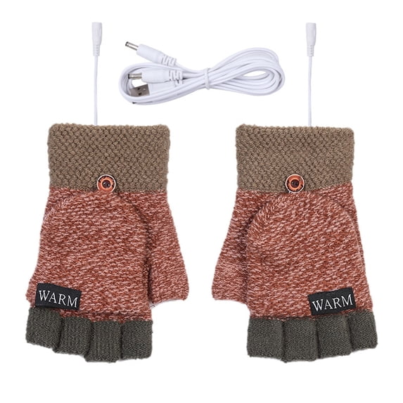 Xfvqtps Womens USB Heated Fingerless Gloves with Flip Cover Knitting Constant Temperature Color Blocking Windproof Warm for Cold Weather Winter Mittens Khaki
