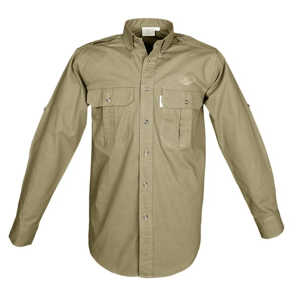 TAG Safari Men's Buffalo Logo Trail Long Sleeve Shirt w Chest Pockets (Khaki, Large)
