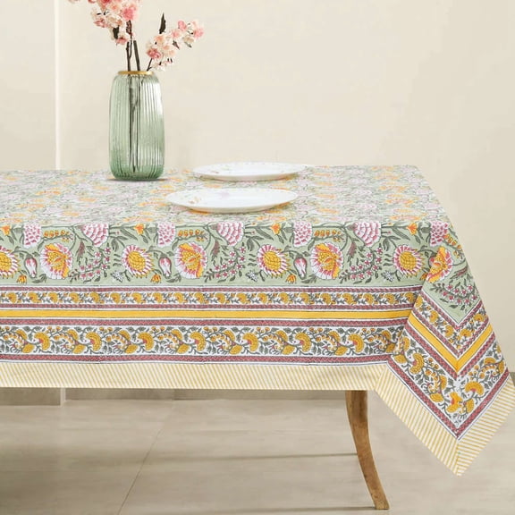 TAGAAI Handblock Print Cotton Tablecloth – 60x60 Square Table Cover Seats 4 – Indian Block Printed Floral Dining Table Linen – Boho Washable Cloth for Kitchen, Party, Outdoor (Light Green)
