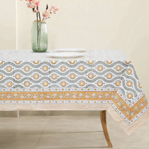 TAGAAI Handblock Print Cotton Tablecloth – 60x60 Square Table Cover Seats 4 – Indian Block Printed Floral Dining Table Linen – Boho Washable Cloth for Kitchen, Party, Outdoor (Floral Blue)