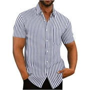 TAGOLD Button Down Shirt for Men Fashion Short Sleeve Dress Shirts Casual Button-Up Striped Cotton Shirts Clearance Sale Mens Breathable Quickly-Dry Clothes Dark Blue XL