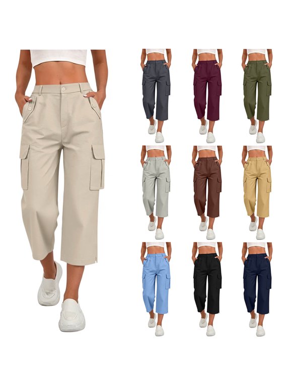 Casual Pants for Women Solid Color Stretch Elastic Waist Zipper Button Split Hem Cargo Pants Side Storage Pockets Summer Bottoms