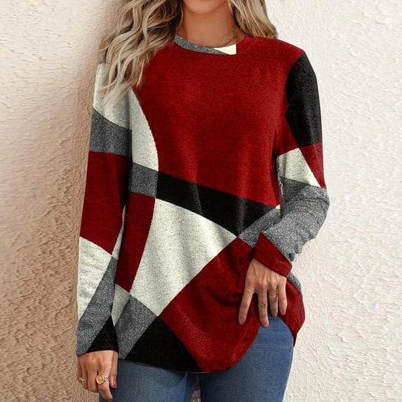 Zanvin Fall Sweaters Sales Clearance! Women's Casual Round Neckline Long Sleeve Printed Loose Shirt Blouse Tops, Red, L