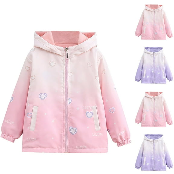 TAGOLD Girls' Outerwear Jackets 4-15 Years Big Kids Girls Heart Print Waterproof Reversible Hooded Raincoat Windproof Outerwear with Fleece Liner