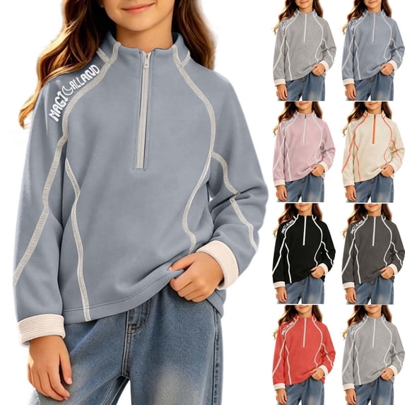 TAGOLD Girls Stand Up Collar Blouse Shirt Solid Color Half Zip Pullover ...