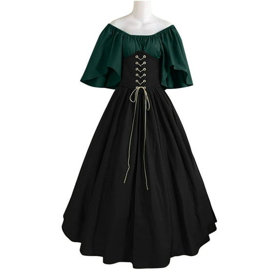 TAGOLD Halloween Dress for Womens,Women's Round Neck Dress Flare Sleeve Off Shoulder Medieval Vintage Dresses With Corset Patchwork Ball Gown