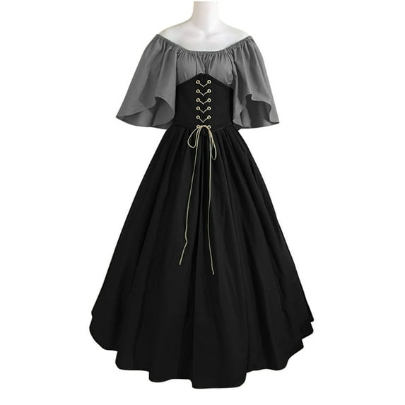 TAGOLD Halloween Dress for Womens,Women's Round Neck Dress Flare Sleeve Off Shoulder Medieval Vintage Dresses With Corset Patchwork Ball Gown
