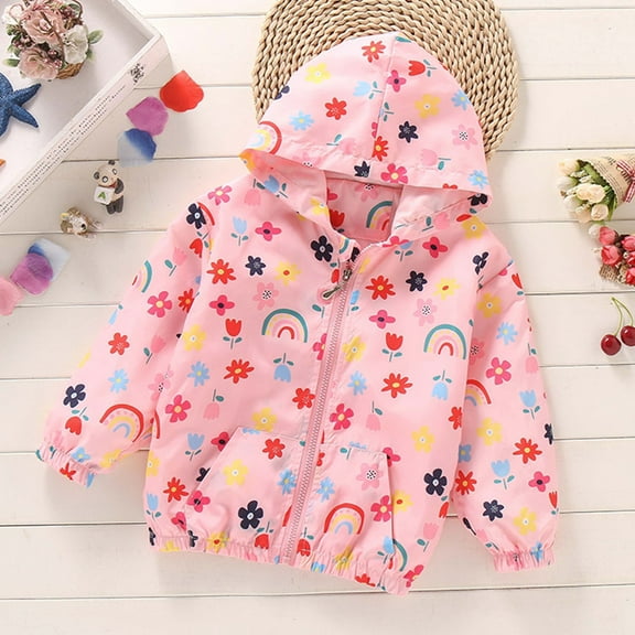 TAGOLD Jackets for Kids Flower and Print Long Sleeve Hooded Windproof Zip Jacket Outerwear for 3-10 Years Old Kids