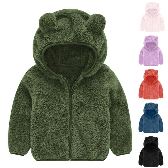TAGOLD Jackets for Kids Kids Outerwear Coats Solid Fleece Zip Hooded Double Fleece Long Sleeve Hooded Casual Outerwear for 6 Months-4 Years