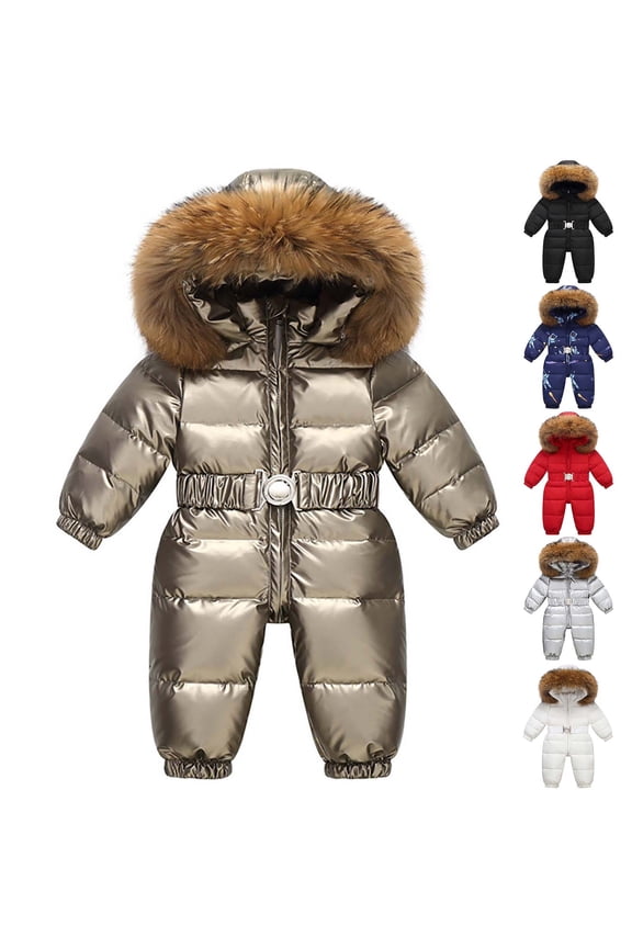 Kids Puffer Jacket Boys Girls Long Sleeve Hooded Thickened Outdoor Ski Winter One-Piece Outerwear