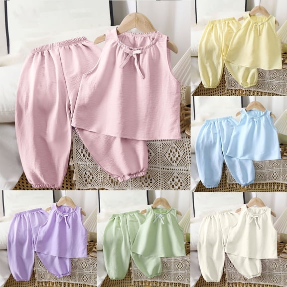 TAGOLD Kids Toddler Casual 2 Piece Outfits Set,Boys Girls Summer Sleeveless Tank Sets,Children's Summer Solid Color Thin Home Clothing With Ruffle Round-Neck Tank Top Sets For Kids,6-7 Years