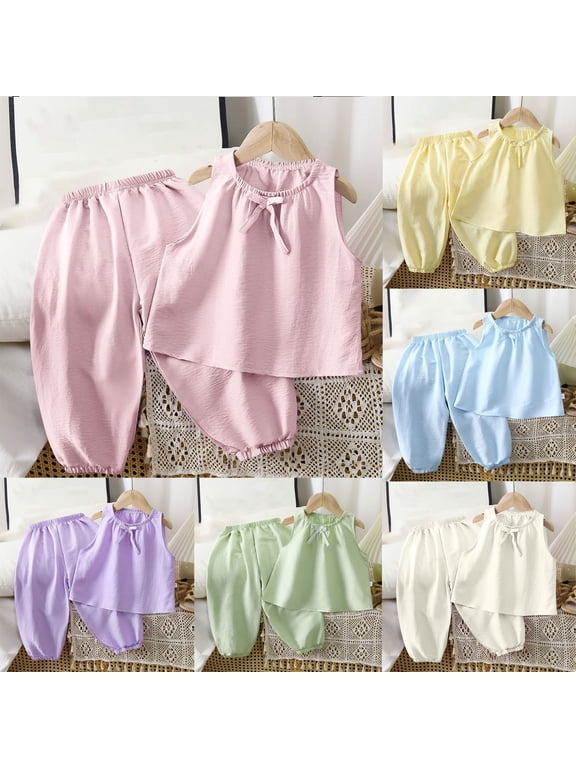 Kids Toddler Casual 2 Piece Outfits Set,Boys Girls Summer Sleeveless Tank Sets,Children's Summer Solid Color Thin Home Clothing With Ruffle Round-Neck Tank Top Sets For Kids,3-4 Years