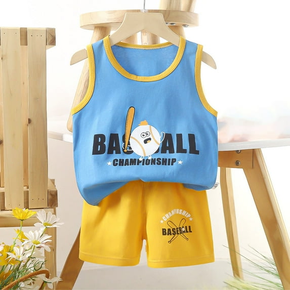 TAGOLD Kids Toddler Casual 2 Piece Outfits Set,Boys Girls Summer Sleeveless Tank Sets,Fashion Boys' Casual Sleeveless Round Neck Collar Botton Printed Short Pants Sets,2 Years